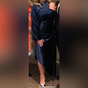 Asymmetrical drape dress in velvet teal